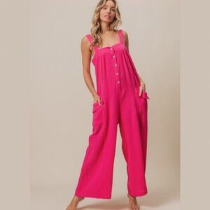 New Boho Cotton Gauze Button Up Overall Relaxed Jumpsuit Hot Pink